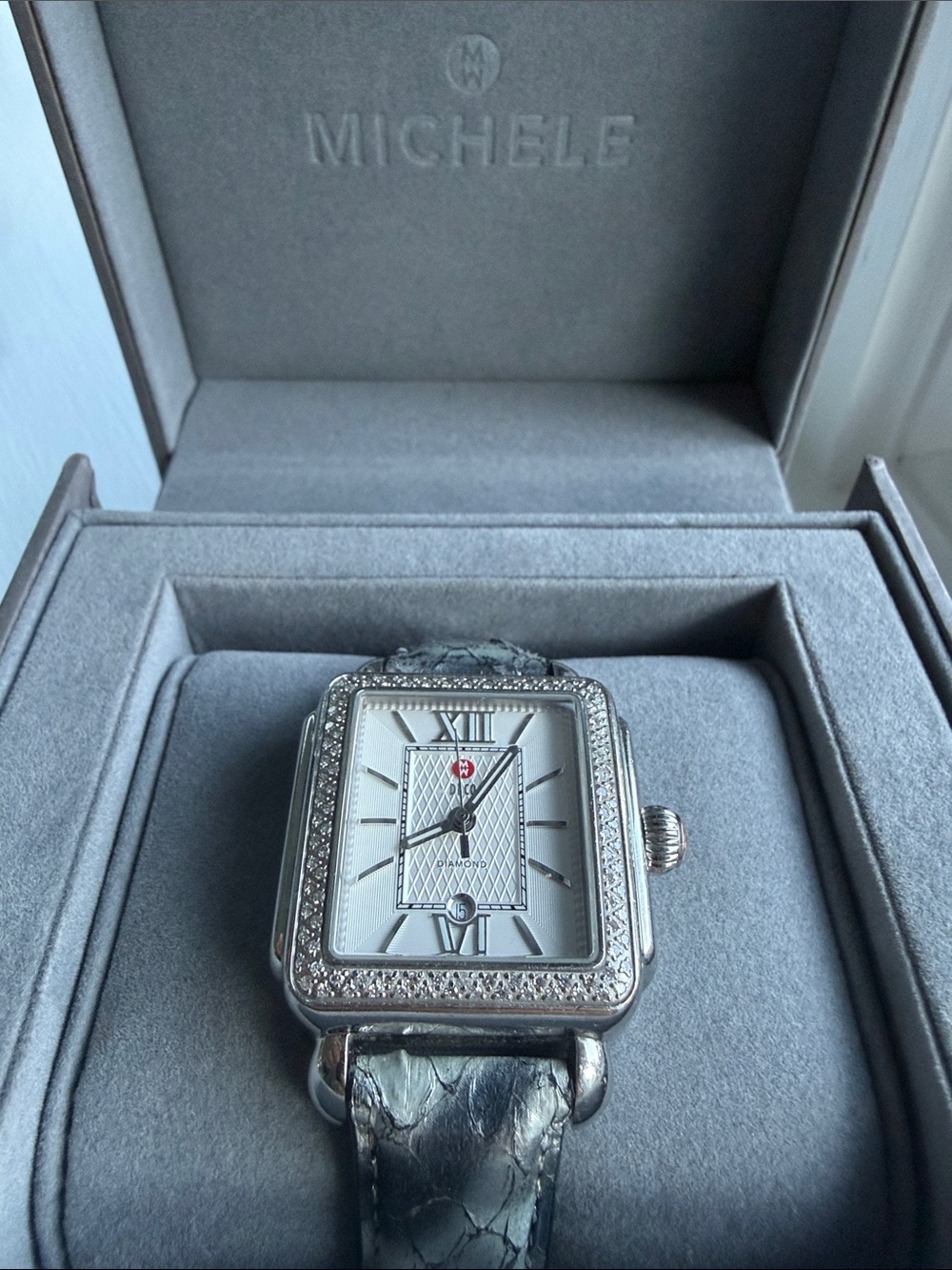 Michele Deco Square Diamond Bezel Watch with Grey Strap 108 diamonds .60